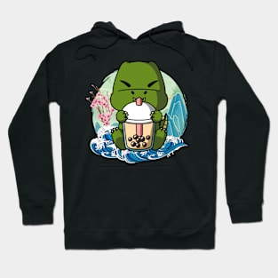 Boba Tea T-Rex Dinosaur Japanese Great Wave Kanagawa Hoodie